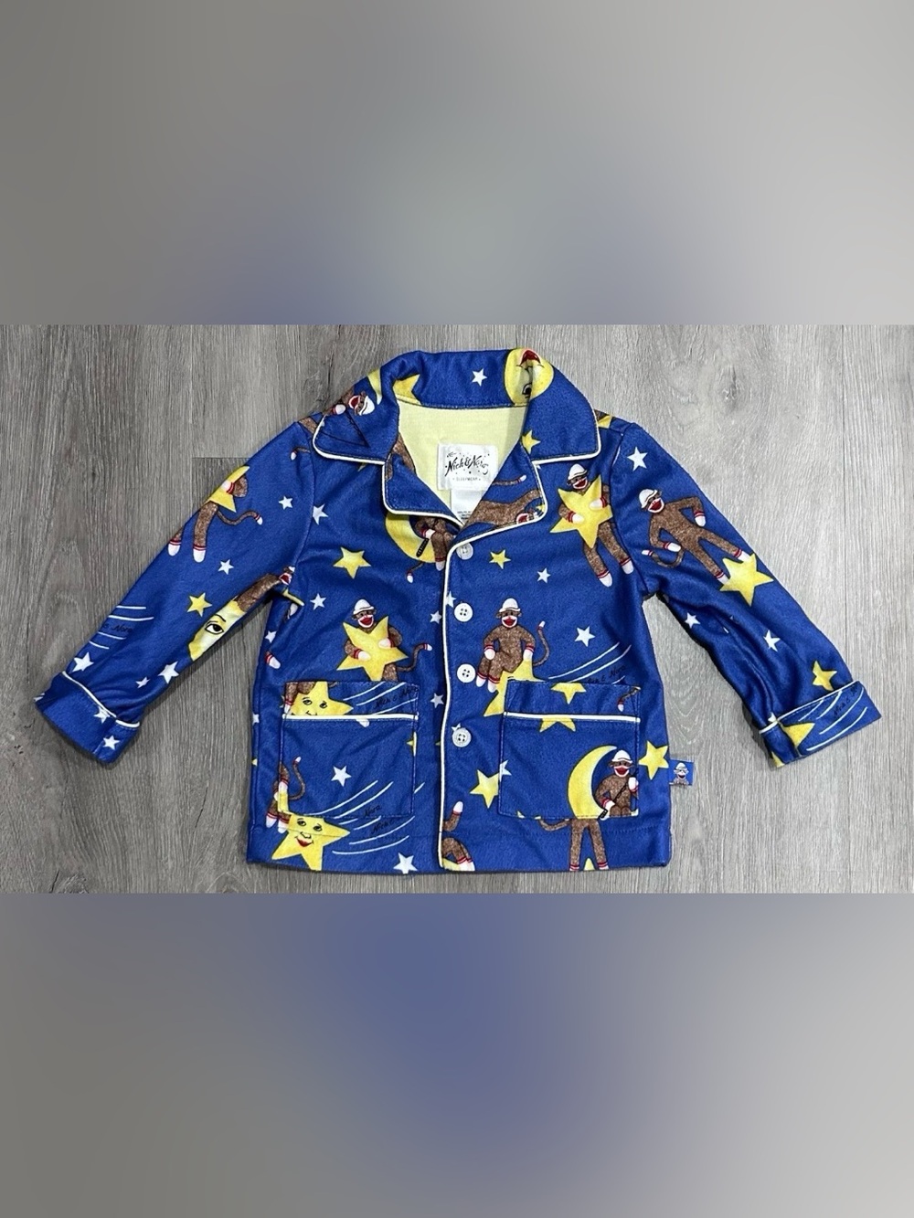 Nick & Nora Baby Pajamas 12M Sock Monkey Stars Moon Blue Fleece Button Up Top